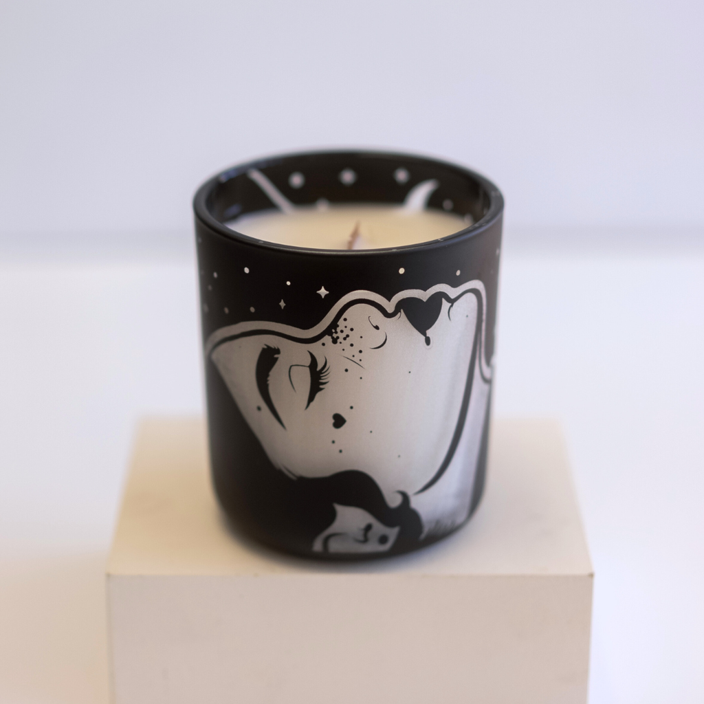St Jame X Upside Goods Candle Collab with etched black signature vessel 12oz coconut soy wax candle